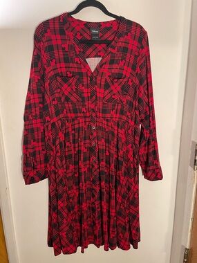 Disney/Torrid Red and Black Buffalo Plaid Long Sleeve Dress with Hidden Mickeys
